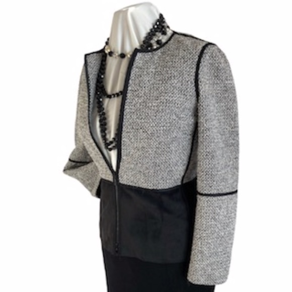 Lafayette 148 NY Collarless Black White Tweed/Suede Fitted Jacket Sz P Front Zip - Picture 6 of 16
